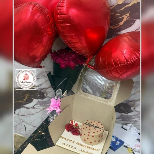 1 Pound platter with balloons and bouquet.