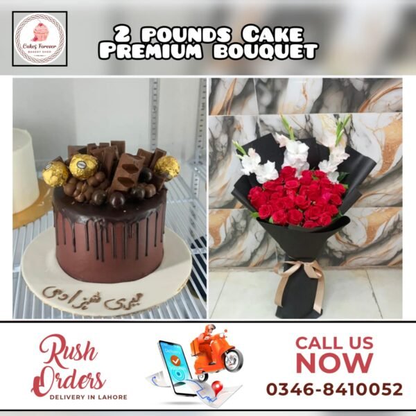 2 pounds loaded chocolate cake with bouquet.